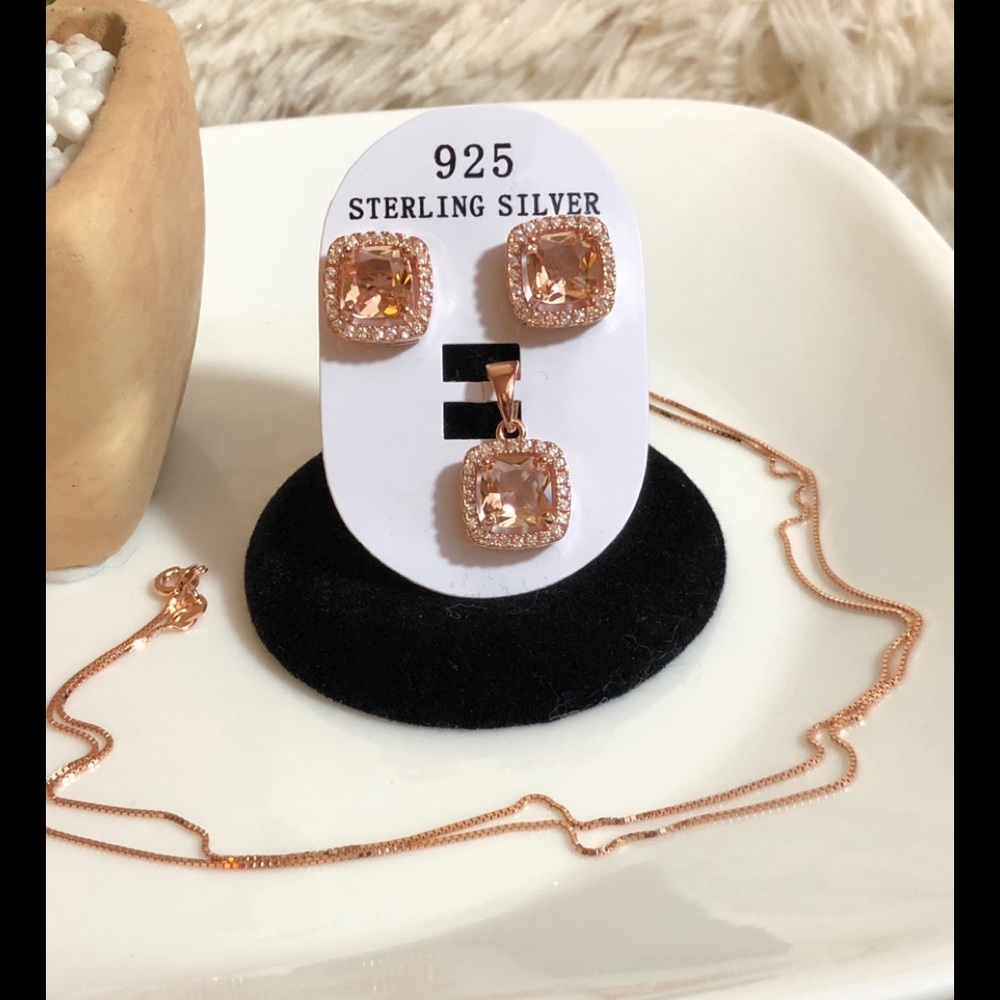 Morganite & CZ Sterling Silver Earrings & Pendant